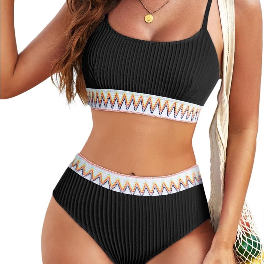 Black Textured Crop Top with Colorful Trim